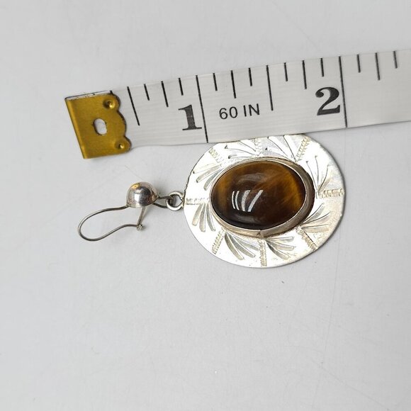 Taxco EMF Sterling Silver Tigers Eye Oval Earrings With Engraved Design - Picture 6 of 6